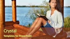  Presentation with lady - Amazing theme having log house - young pensive lady with book backdrop and a  colored foreground