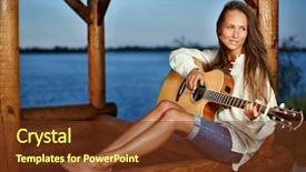  Presentation with young children playing - Slides with log house - young woman playing guitar background and a tawny brown colored foreground