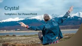  Presentation with wood log - Presentation theme enhanced with logging - young casual man sits background and a light blue colored foreground