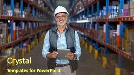  Presentation with using digital tablet - Colorful PPT layouts enhanced with logistic web - portrait of warehouse worker using backdrop and a  colored foreground