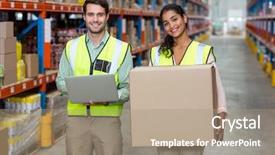  Presentation with warehouse - PPT theme enhanced with logistic web - portrait of warehouse workers standing background and a coral colored foreground