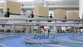  Presentation with conveyor belt - Slide deck with logistics - cardboard boxes on conveyor belt background and a teal colored foreground
