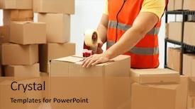  Presentation with logistics warehouse - Theme having logistics - closeup of man packing parcels background and a coral colored foreground