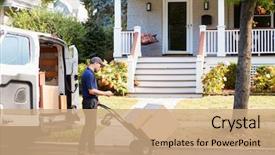  Presentation with deliver - Audience pleasing presentation theme consisting of logistics - courier knocking on door backdrop and a coral colored foreground