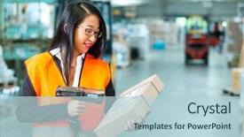  Presentation with logistics warehouse - PPT theme consisting of logistics - female worker or shipper background and a light blue colored foreground