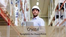  Presentation with logistics warehouse - PPT layouts featuring logistics - happy businessman with tablet pc background and a coral colored foreground