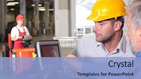  Presentation with logistics warehouse - Theme featuring logistics - male inspector looking at screen background and a light blue colored foreground