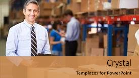 Presentation with logistics warehouse - Beautiful PPT theme featuring logistics - manager in warehouse checking boxes backdrop and a gold colored foreground