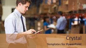  Presentation with logistics warehouse - Cool new presentation theme with logistics - manager in warehouse checking boxes backdrop and a coral colored foreground