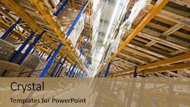  Presentation with logistics warehouse - PPT theme enhanced with logistics - shelves full of boxes background and a coral colored foreground