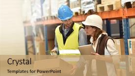  Presentation with logistics - Amazing presentation design having logistics - store manager with warehouseman checking backdrop and a coral colored foreground