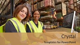  Presentation with warehouse logistics - Beautiful PPT theme featuring logistics - two female colleagues backdrop and a yellow colored foreground