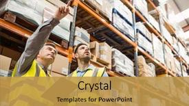  Presentation with working together - PPT theme enhanced with logistics - warehouse manager and foreman working background and a gold colored foreground