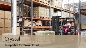  Presentation with logistics warehouse - Beautiful slide deck featuring logistics - warehouse worker driver in uniform backdrop and a coral colored foreground