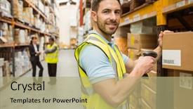  Presentation with logistics warehouse - Presentation theme having logistics - warehouse worker scanning box while background and a mint green colored foreground