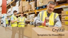  Presentation with logistics warehouse - Audience pleasing slides consisting of logistics - warehouse worker sealing cardboard boxes backdrop and a coral colored foreground