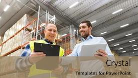  Presentation with wholesale - Theme enhanced with logistics - wholesale logistic business and people background and a coral colored foreground