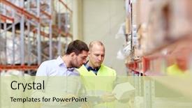  Presentation with export - PPT layouts enhanced with logistics - wholesale logistic people and export background and a soft green colored foreground