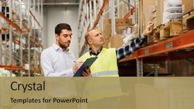  Presentation with export - Colorful slide deck enhanced with logistics - wholesale logistic people and export backdrop and a coral colored foreground