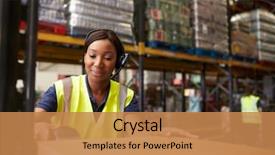  Presentation with barcode - Cool new presentation theme with logistics - woman using a barcode reader backdrop and a coral colored foreground