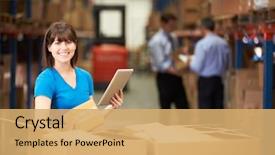  Presentation with logistics warehouse - Presentation theme with logistics - worker in warehouse checking boxes background and a yellow colored foreground