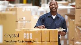  Presentation with dispatch - Slides having logistics - worker in warehouse preparing goods background and a yellow colored foreground