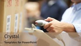  Presentation with logistics warehouse - PPT layouts featuring logistics - worker scanning package in warehouse background and a coral colored foreground