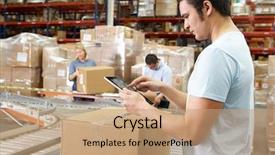  Presentation with distribution logistics - Theme having logistics - worker using tablet computer background and a coral colored foreground