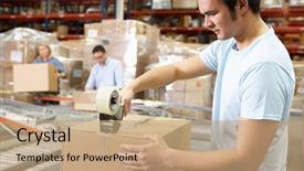  Presentation with distribution logistics - PPT layouts featuring logistics - workers in distribution warehouse background and a coral colored foreground