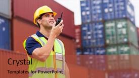  Presentation with logistics warehouse - Presentation theme consisting of logistics - young harbor worker talking background and a red colored foreground