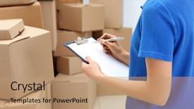  Presentation with logistics warehouse - Cool new slide set with logistics - young woman with clipboard backdrop and a coral colored foreground