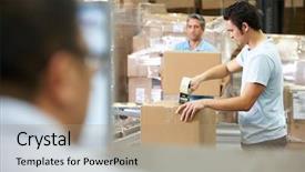  Presentation with distribution - Presentation design with logistics box - person at computer terminal background and a coral colored foreground