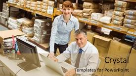  Presentation with managers - Amazing slides having logistics box - warehouse managers working together backdrop and a  colored foreground