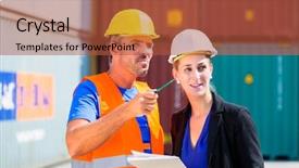  Presentation with shipping company - Presentation design enhanced with employees in logistics company shipping background and a  colored foreground