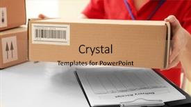  Presentation with courier - PPT theme with logistics free - courier hands giving packaged parcel background and a coral colored foreground