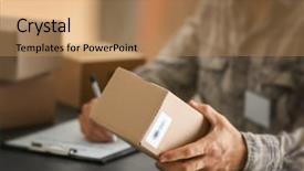  Presentation with courier delivery - Presentation enhanced with logistics free - courier making notes in delivery background and a coral colored foreground