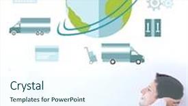  Presentation with logistics - Presentation theme with logistics graphic against telaxed businessman with hands behind head in office background and a sky blue colored foreground