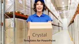  Presentation with logistics warehouse - PPT theme enhanced with logistics-mail-service-and-shipment background and a coral colored foreground