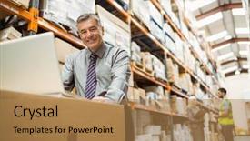  Presentation with large warehouse logistic or distribution - Amazing slides having smiling warehouse manager working backdrop and a coral colored foreground