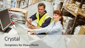  Presentation with freight transportation - Beautiful PPT theme featuring freight transportation - warehouse worker and manager looking backdrop and a light gray colored foreground