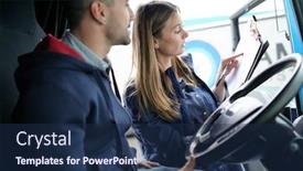  Presentation with truck driver - Slide set having logistics-manager-controlling-truck-driver background and a navy blue colored foreground