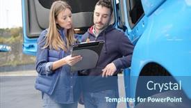  Presentation with truck driver - Beautiful slide deck featuring logistics-manager-controlling-truck-driver backdrop and a ocean colored foreground