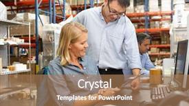  Presentation with desk - Slide deck having logistics meetings - business colleagues working at desk background and a coral colored foreground