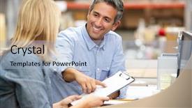  Presentation with warehouse - Cool new slide deck with logistics meetings - business colleagues working at desk backdrop and a light blue colored foreground