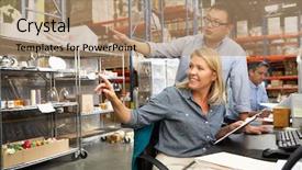  Presentation with hours of business operations - Slide set enhanced with logistics meetings - business colleagues working at desk background and a  colored foreground