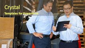  Presentation with lift truck - Presentation theme consisting of logistics meetings - businessmen meeting by fork lift background and a tawny brown colored foreground