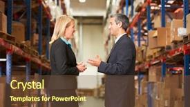  Presentation with distribution - Theme featuring logistics meetings - businesswoman and businessman in distribution background and a tawny brown colored foreground