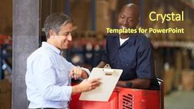  Presentation with lift truck - Cool new PPT theme with logistics meetings - fork lift truck operator talking backdrop and a tawny brown colored foreground