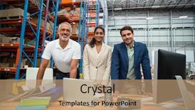  Presentation with managers - PPT theme having logistics meetings - portrait of warehouse managers background and a coral colored foreground