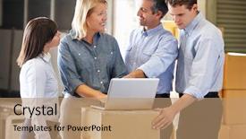  Presentation with distribution - Slide deck featuring logistics meetings - workers in distribution warehouse background and a coral colored foreground